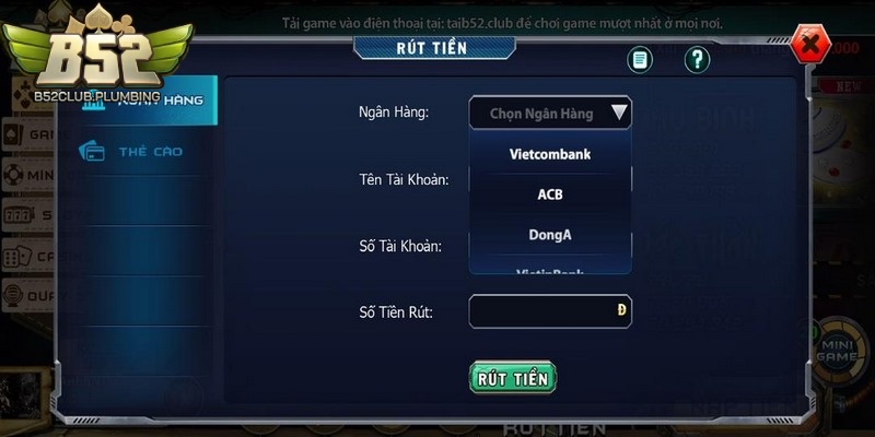 Cổng game không đưa ra hạn mức khi rút tiền ngân hàng